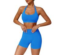JN JANPRINT Seamless Workout Sets for Women 2 Piece Halter Backless Sports Bras Hidden Scrunch Shorts Yoga Outfits Gym Tracksuit