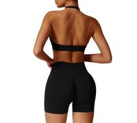 JN JANPRINT Seamless Workout Sets for Women 2 Piece Halter Backless Sports Bras Hidden Scrunch Shorts Yoga Outfits Gym Tracksuit