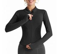 JN JANPRINT Women's Gym Running Jackets Long Sleeve Workout T-Shirt Full Zip Up Lightweight Athletic Yoga Cropped Tops with Thumb Holes Black