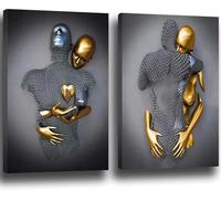 JNAOZI 3D Metal Figure Statue Canvas Painting Love Hug Poster Lovers Sculpture Poster Abstract Canvas Picture Poster Frameless (Poster 03.40 x 60 cm x 2 Pieces)
