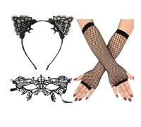 JNAWA 3Pcs Halloween Costume Set Cat Mask Cat Ears Headband Long Fishnet Gloves Lace Sexy Eye Mask Dress-Up Accessories Fancy Dress Costume for Halloween Masquerade