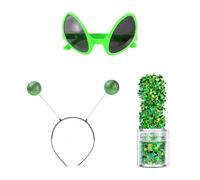 JNAWA 3Pieces Alien Costume Accessories Set Green Alien Headband Boppers and Chunky Glitter Sunglasses Novelty Costume Party Favors Decoration for Adult Kids Halloween