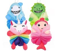 JNAWA 4Pcs Animal Bath Loofahs for Kids Cartoon Mermaid Shark Unicorn Bath Ball Children Body Scrub Net Towel Gourd Sponge Shower Washing Exfoliating