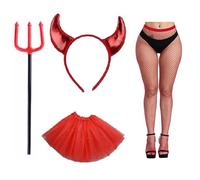 JNAWA 4Pcs Devil Costume Set Devil Horns Headband Red Tutu Mesh Tights and Devil Fork for Women Girls Halloween Fancy Dress Devil Cosplay
