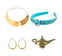 JNAWA 4Pieces Princess Costume Set Vintage Genie Lamp Geometric Necklace and Blue Headband Gold Earrings Halloween Fancy Dress Outfit for Women