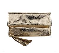 JNB Women's Cracked Metallic Fabric Foldover Clutch with Tassel, Gold, Medium