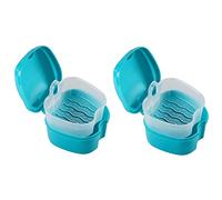 Jnchdghwa 2X Blue Denture Case, Denture Cup with Strainer, Denture Bath False Teeth Storage Box with Basket Net Container Holder