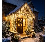 JnDee Warm White Icicle Lights 300 LEDs 6M 60 Drops, 10M Extra Long Lead Cable, Low Voltage 31V Safe for Kids & Pets, 8 Modes with Memory, IP44 Waterproof Indoor Outdoor Christmas Lights
