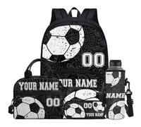 Jndtueit 4 Piece Soccer Black Boho Flower Student Backpack Set for Little Girls Boys Laptop Backpack Lunchbox Pencil Case for Kids Children Custom School Tote Bag