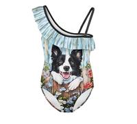 Jndtueit Border Collie Floral Blue Toddler Girls Swimsuit Beach Ruffled Halter Bathing Suit for Kids Swimwear Tummy Control Swimsuits