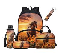 Jndtueit Brown Horse Backpack Set for Girls Kids Sunflower Sunset Hiking Backpack Pencil Case Insulated Lunch Bag for Middle Elementary High School Boys 12-14 Student Bookbag Rucksack Daypack 5 Pcs