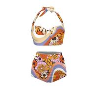 Jndtueit Butterfly Women's Retro Ruched Ruffle High Waist Bikini Set, Flag Tankini Swimsuits Tummy Control Swimwear, Hippie Flower Swirl-, Medium