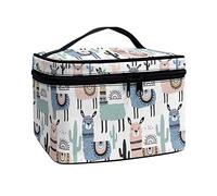 Jndtueit Cartoon Alpaca Portable Makeup Bag Travel Cosmetic Bag, Llama Cactus Packing Bag with Handle and Divider for Girl