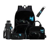 Jndtueit Cat Butterfly Backpack with Lunch Box for Kids Large Black School Backpack Set for Girls Boys Teen 5 Piece Bookbag Lunch Bag Pen Case Age 8-10 Elementary Senior Year High Middle School
