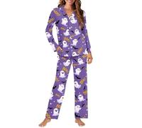 Jndtueit Cute Ghost Womens Pajamas Set Long Sleeve with Pants, Halloween Bat Sleep and Lounge Wear Plus Size, Ladies Turn-Down Collar Sleepwear Cute Pjs