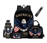 Jndtueit Eagle American Flag Backpack Set for Girls Boys Elementary School Backpacks for Kids Black 17 Inch Travel Backpack Bookbags Schoolbag Lunch Box Water Bottle Pencil Bag Keychain Daypack 5PCS