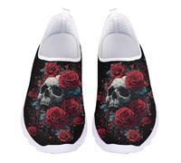 Jndtueit Gothic Skull Red Rose Walking Loafers for Women Wide Toe Work Business Office Mesh Shoes Tennis Hiking Sneakers