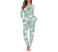Jndtueit Guinea Pig Women's Pajamas Sets Long Sleeve with Pants, Cartoon Hamster Tracksuit Plus Size, Flower Sleepwear Outfit