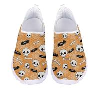 Jndtueit Halloween Cartoon Skull Bat Mesh Walk Loafer for Women Wide Toe Running Sneakers Classic Training Athletic Driving Shoes, Orange