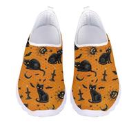 Jndtueit Halloween Cat Bat Pumpkin Orange Walking Loafers Wide Toe Work Office Flats Shoes Fashion Mesh Sneakers for Women Men