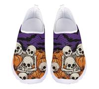 Jndtueit Halloween Skull Pumpkin Bat Mesh Leisure Loafers Purple Work Sports Shoes for Women Wide Toe Running Barefoot Sneakers