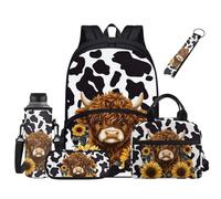 Jndtueit Highland Cow School Backpack Set 5 In 1 Sunflower Bookbag for Kids Backpack with Lunch Box and Water Bottle Pen Bag for Girls Boys 12-14 Middle Elementary Primary High School Backpacks