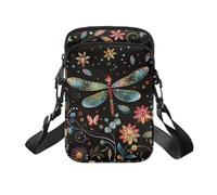 Jndtueit Hippie Dragonfly Floral Small Phone Shoulder Bag,Women's Crossbody Phone Bag Wallet Mini Messenger Bag Zipper Phone Purse for Girls,Adjustable Shoulder Strap