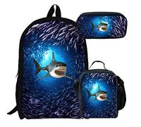 Jndtueit Kid Boy Backpack 3 Piece Set Cool Boy School Bag Shoulder Daypack Lunch Bag Pencil Case,Cool Animal Blue Shark Print