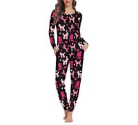 Jndtueit Poodle Pajamas for Women, Cartoon Dog Sleepwear Sets Pullover Top Size, Pink Puppy Summer Pajama Slouchy Crew Neckline