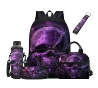 Jndtueit Skull Purple Flame School Backpack for Kids Skeleton Bookbag 17 Inch Laptop Backpack Accessories for Girls Boys Pen Case Lunch Box Water Bottle Holder Keychain School Book Bag Set of 5