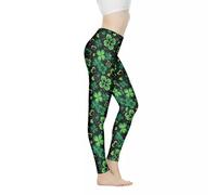 Jndtueit St. Patrick's Day Women High Waist Yoga Pants, Cartoon Leaves Tummy Control Leggings, Green Workout Legging Plus Size