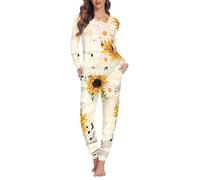 Jndtueit Sunflower Women's Long Sleeves Top & Cozy Pajama 2 Pcs, Muscial Note Flower Sleepwear with Pockets Athletic Outfit