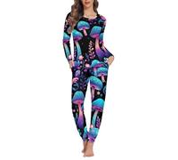 Jndtueit Trippy Mushroom Women Pajamas Set Long Sleeve Pant, Cartoon Plant Lounge wear Nightwear, Adult Breath Sport Costume
