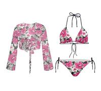 Jndtueit Tropical Hibiscus Black White Leaves High Waisted Bikini Sets 3 Piece Adjustable Shoulder Strip Swimsuits High Cut Bathing Suits Tie Side Thong Bikinis Sheer Shrug Cardigan for Women