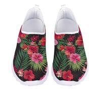 Jndtueit Tropical Hibiscus Green Leaf Walking Shoes Wide Toe Business Loafers for Women Comfortable Travel Outdoor Mesh Shoes