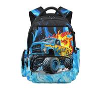Jndtueit Truck Blue Fire Backpack for Boys School Book Bag 17 Inch Laptop Backpacks for Kids Lightweight Elementary School Bookbag Water Resistant Travel Hiking Camping Backpack