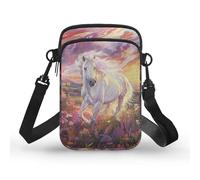 Jndtueit White Horse Floral Print Mini Crossbody Bag for Women Ladies Phone Purse for Travel Shopping School
