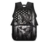 Jndtueit Wolf American Flag Backpacks for Boys, Large Computer Laptop Bookbag Black Backpack, Kids Middle School Elementary Primary College Backpack