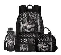Jndtueit Wolf Backpack for Boys, American Flag School Bookbag with Lunch Box Set 4 in 1, Black Kids Laptop Backpacks Pencil Case Water Bottle Holder for Elementary High Middle Primary School Rucksack