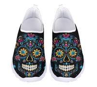 Jndtueit Women's Sugar Skull Blue Flower Work Loafers Comfort Walking Sneakers Flats Running Training Driving Shoes for Travel