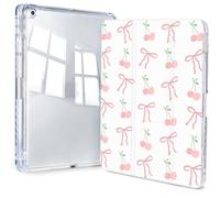 Jngnpn Case for iPad 9th/ 8th/ 7th Generation Case 10.2 Inch (2021/2020/2019 Release), Slim Trifold Clear Back Transparent Cover with Pencil Holder & Auto Sleep/Wake Cover,Bow Cherry Print