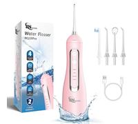 JNGOODS Cordless Water Dental Flosser Oral irrigator,JNGOODS 300ml Rechargeable Water flosser for Teeth IPX7 Waterproof 4 Modes Portable Oral Irrigator with 4 Jet Tips, Travel Home use (Pink)