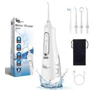 JNGOODS Cordless Water Dental Flosser oral irrigator,JNGOODS 310ml Rechargeable water flosser for teeth IPX7 Waterproof 4 Modes portable Oral Irrigator with 4 jet tips,Travel Home use (White)