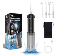 JNGOODS Mini Portable Water Flosser Oral Irrigator Water Teeth Cleaner Pick, Telescopic Water Tank, 4 Modes & IPX7 Waterproof, Home & Travel Water Flossers for Teeth, Braces Bridges Care. (Black)