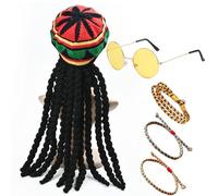 JNGTKL Rasta Set, Rasta Hat with Dreadlock Wig, Yellow Glasses and 3 Pcs Multicolored Rope Bracelets, dreadlock wig Rasta Hat with Dreadlocks, Rasta Wig for Costume Parties, Cosplay