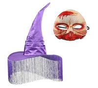 JNGUOSICN 2Pcs Halloween Witch Costume Set Magic Wizard Hat with Scary Mask Tassel Witch Headwear Half Face Bloody Masks for Adult Costume Accessories Haunted House Cosplay Prop