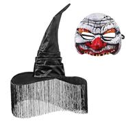 JNGUOSICN 2Pcs Halloween Witch Costume Set Magic Wizard Hat with Scary Mask Tassel Witch Headwear Half Face Bloody Masks for Adult Costume Accessories Haunted House Cosplay Prop