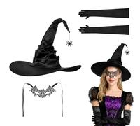 JNGUOSICN 3Pcs Witch Costume Set Magic Witch Hat with Long Gloves, Lace Eye Mask Foldable Black Stain Fancy Dress Hats with Glitter Bat Wizard Hat and Bat Mask Set for Women Halloween Cosplay Prop