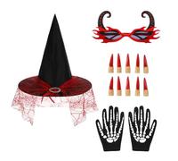 JNGUOSICN 4Pcs Witch Costume Halloween Witch Costume Accessories Kit with Black Gloves, Foldable Pointed Hat, Eyeglasses& Fingernail for Women Cosplay Party