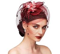 JNGUOSICN Flower Fascinators Hat for Women Vintage Wedding Fascinators Hat Veil Ladies Hair Clip Feather Headband for Party Dress Banquet Bridal Hair Accessories One Size Red